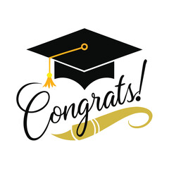 Graduation Cap Design with Congrats Text in Script with Golden Accent on White