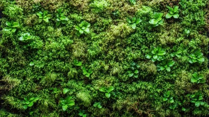 Lush Green Wall with Vibrant Moss and Small Plants in Natural Setting