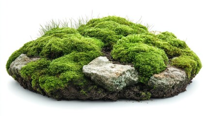 Lush Green Mossy Rock with Stones and Grass in Natural Setting