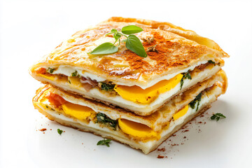 a stack of three sandwiches with cheese and sauce
