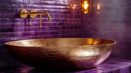 Close-up of a golden hammered oval basin reflecting warm pendant light, surrounded by plum-colored velvet tiles with soft ridges and rich textures. Created Using: macro interior lens,