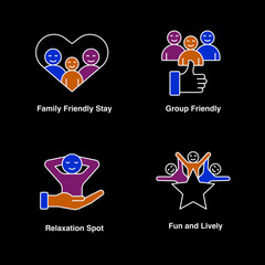 Lifestyle and Wellness Tourism Icons – Family Comfort, Group Enjoyment, Relaxation, and Joyful Moments