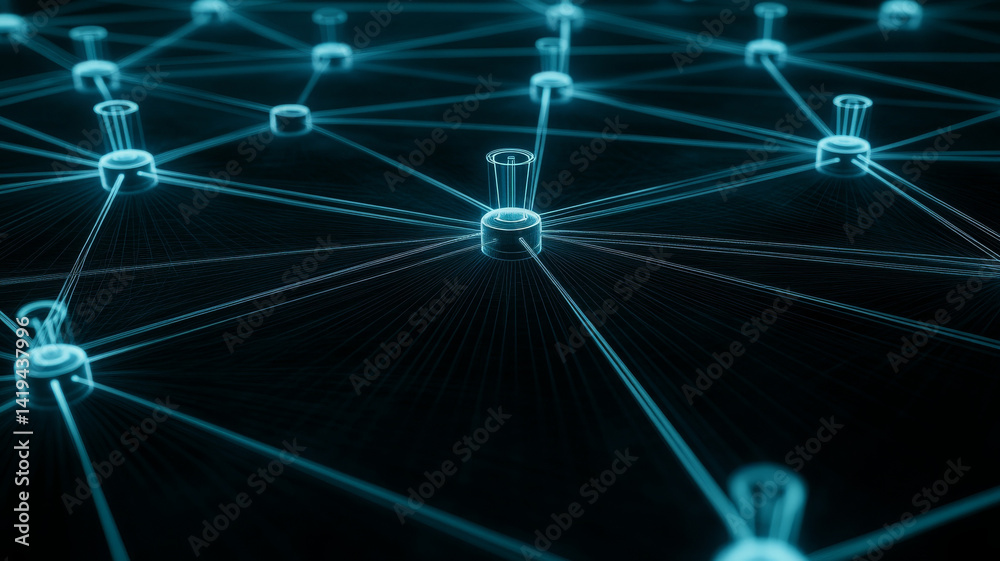 Poster high tech digital network displaying interconnected nodes and lines, showcasing technology