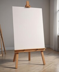 Wooden easel legs and sturdy base support a large blank canvas ,  texture,  artwork