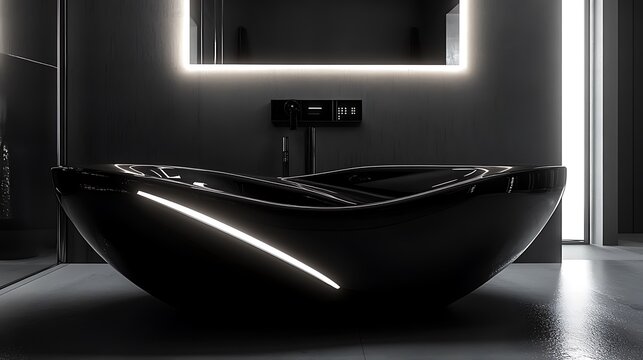 Freestanding futuristic sink with glossy black ceramic body and minimalist geometric cutouts, built-in touchscreen smart controls, backlit with white ambient glow in a monochrome setting.