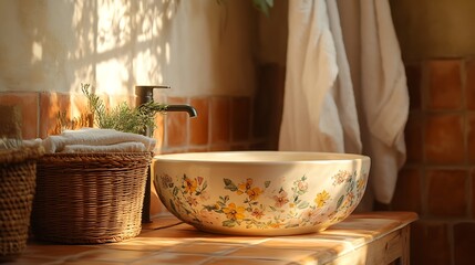 Side angle of a floral ceramic basin in a rustic bathroom with terracotta tiles, weathered wood, and woven baskets. A soft breeze moves the linen curtain,