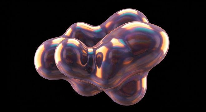 A glossy iridescent blob with multiple rounded protrusions against a dark black background isolated object