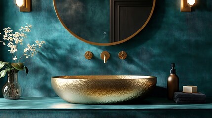 Side view of a brushed gold oval sink with hammered pattern, mounted against a curved velvet wall in soft teal, spotlighted by designer fixtures. Created Using: product design focus,