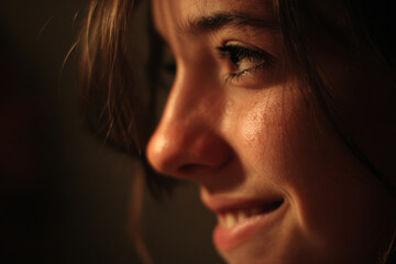 Face, smile, dawning are showing quiet understanding emotion on woman face in soft, warm light, expressing gentle and thoughtful sentiment