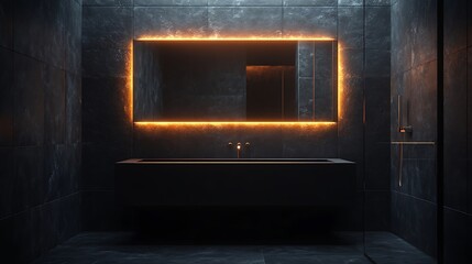 Ultra-modern washroom with a rectangular matte black sink, chrome steel piping, and an LED backlit mirror, surrounded by dark stone tiles and minimalist wall textures.