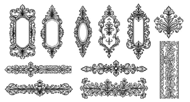Ornate rococo ornaments illustrations in black and white for design projects