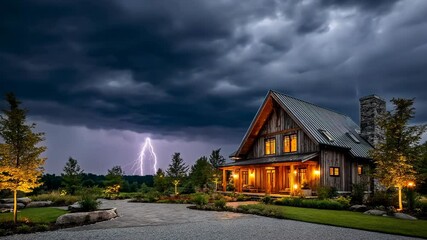 Illuminated wooden house facade with lightning strikes on a stormy night with dramatic clouds background, trees and lawn - Powered by Adobe