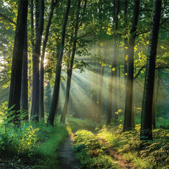 Sunlight filters through tall trees, illuminating a serene forest path surrounded by lush greenery