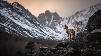 Majestic Mountain Goat at Sunset in Snowy Mountains