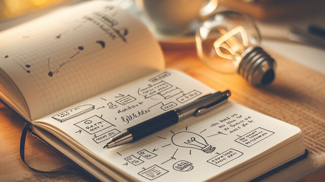 Open notebook with hand-drawn website sketches, pen, and illuminated lightbulb nearby, symbolizing ideas, planning, and innovation in web design