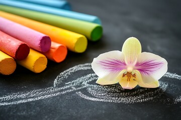 Colorful chalks and orchid on chalkboard, art, education, serenity, still life, visual aid, classroom, inspiring