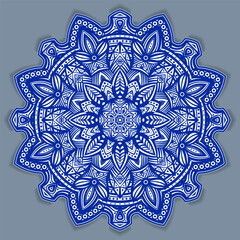 Vector abstract circular mandala design decorative element ethnic style. Blue line and white area for coloring. Shadow around of mandala. Arab, Islam, Indian, Chinese. Yoga illustration.