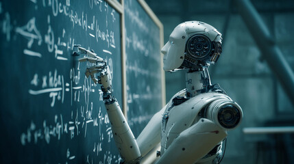 White robot writing complex equations on a blackboard, showcasing artificial intelligence and technological advancement in education or science