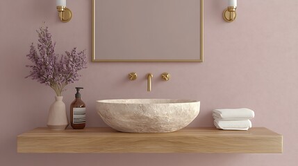 A floating wooden shelf holding a raw-cut stone washbasin, organically shaped with a natural finish, paired with vintage brass fixtures under soft golden spotlighting.