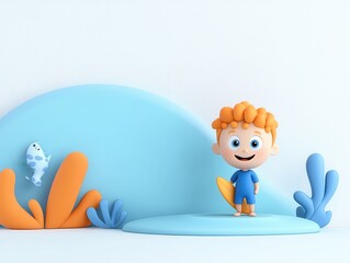 Cartoon boy with surfboard in a summer scene