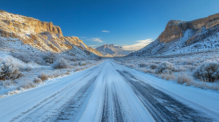 A wide-angle photograph of an icy road in the voluminous winter landscape, with rocky mountains and hills on both sides, a clear blue sky, award-winning photography, professional color grading