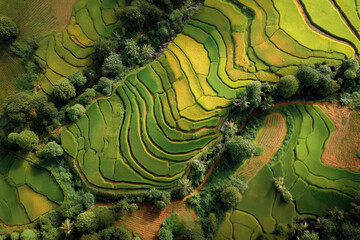 Aerial view of rice field, Southeast Asia shows its serene beauty. terraced paddy fields landscape is absolutely breathtaking and vibrant colors create peaceful mood
