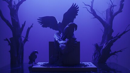 Fototapeta premium Eerie avian tableau in ethereal blue hues, creating a somber, surreal spectacle