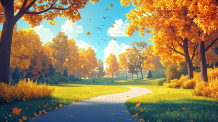 Autumn park with trees in golden colors and green grass, a wide path for walking, and a blue sky. Park landscape background.