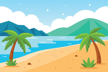 Obraz premium Sunny Beach Landscape with Palm Trees, Sand, Blue Sea, Mountains and Cloudy Sky