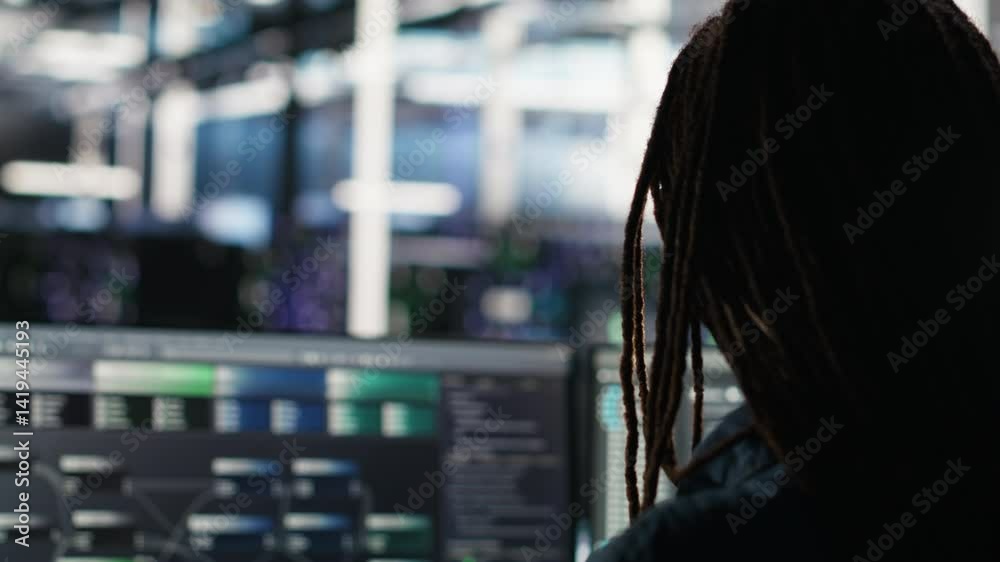 Poster data center system administrator using machine learning algorithms to analyze large datasets. server