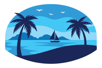 Obraz premium Tropical Beach Palm Trees, Sailboat and Seagulls Scenic Blue and Dark Blue Tones
