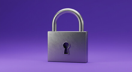 A silver padlock with a keyhole centered on a purple background in a studio lighting setup and design