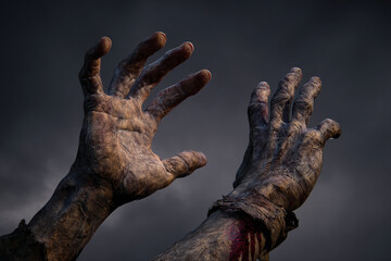 Close-up of two aged, textured hands reaching upward against a dark sky, suggesting themes of despair, vulnerability, or the supernatural