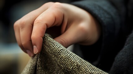 Hand grasping textured fabric close-up.

