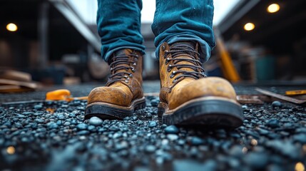 Close-up worker boots on gravel, industrial background