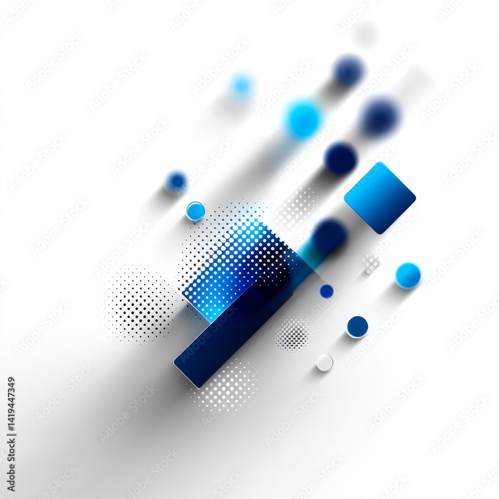 Poster Abstract Geometric Composition: Blue Squares, Circles, and Halftone Patterns on White Background
