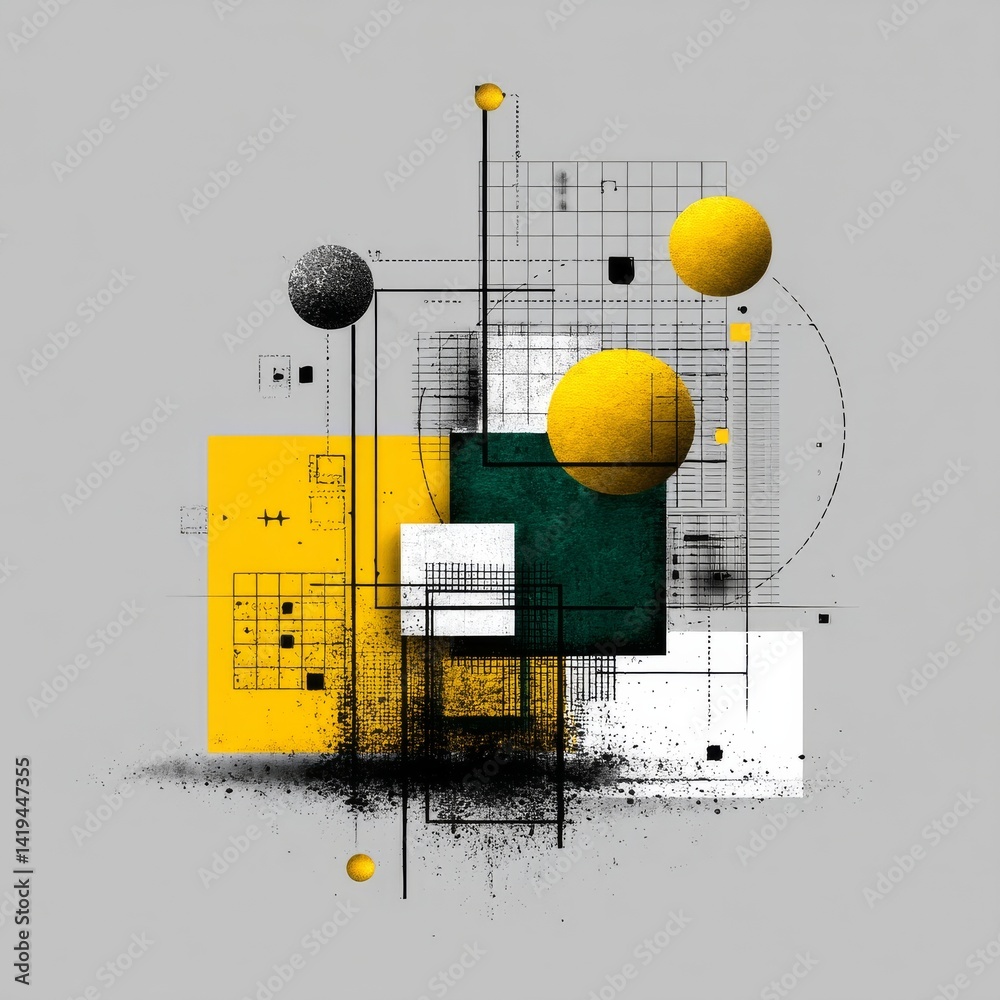 Poster abstract geometric composition: interplay of spheres, squares, and lines in muted color palette