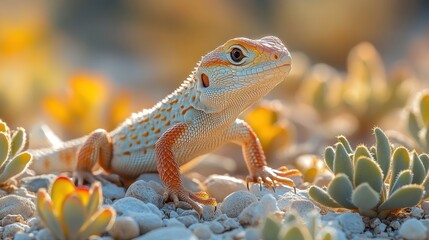 Obraz premium Desert lizard on rocks amidst succulents in golden light