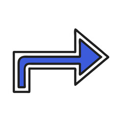 Curved right arrow icon with bottom turn in blue and black outline style