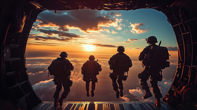 Army soldiers and paratroopers descending from an Air Force C 130 during an airborne operation. silhouette concept