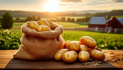 Fresh potatoes in burlap sack on wooden table, with beautiful sunset over farm landscape. scene evokes sense of harvest and abundance