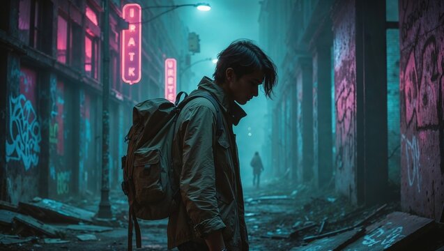 A young man stands in a neon-lit, misty, graffiti-covered alley in an abandoned urban setting, embodying a sense of solitude and contemplation amidst the decay