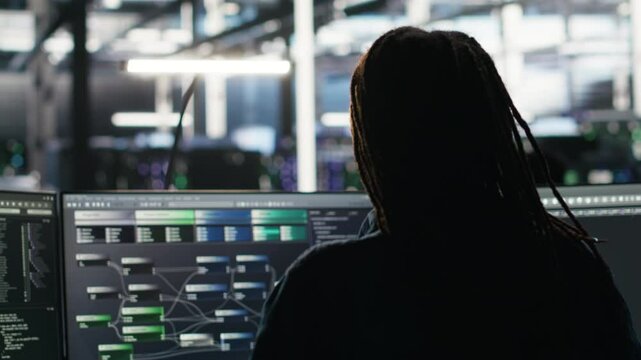 Data center engineer implements AI virtualization frameworks to optimize server clusters. Server hub IT professional doing artificial intelligence predictive analysis, camera B