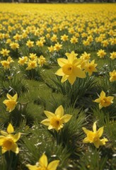 Fototapeta premium Glistening daffodil petals, sunny field, vibrant yellow carpet , spring, landscape
