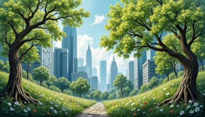 Create a painting showing skyscrapers seamlessly blending with lush greenery, with tree branches intertwining with modern architecture