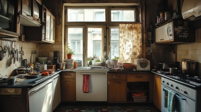 A cluttered yet cozy vintage kitchen with natural window light