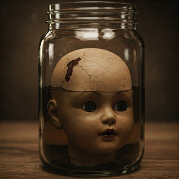 Creepy doll head in a jar with liquid, cracked and unsettling. Horror, vintage, and macabre themes.