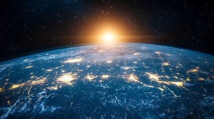 Stunning View of Earth from Space During Sunrise with Bright City Lights and Stars