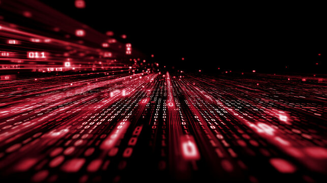 Red binary code streams, creating a dynamic digital landscape symbolizing data flow, technology, and speed, ideal for tech-related concepts