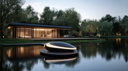 Fototapeta premium Modern architectural retreat on serene water.
